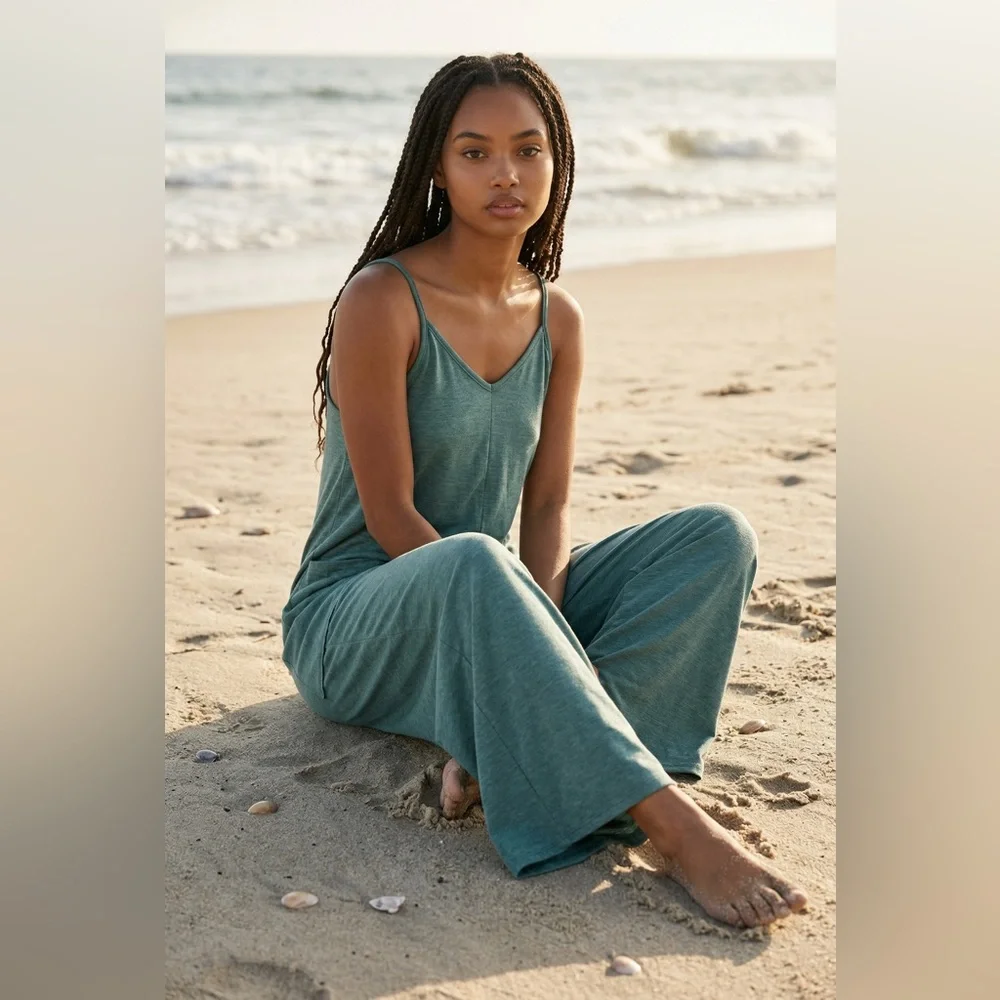 Sleeveless V-Neck Wide-Leg Jumpsuit in Teal - Picture 8 of 8